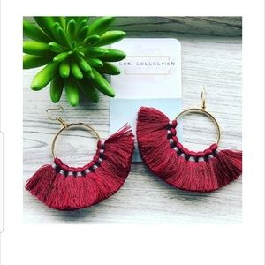 BURGUNDAY ISLAND FAN TASSEL EARRINGS